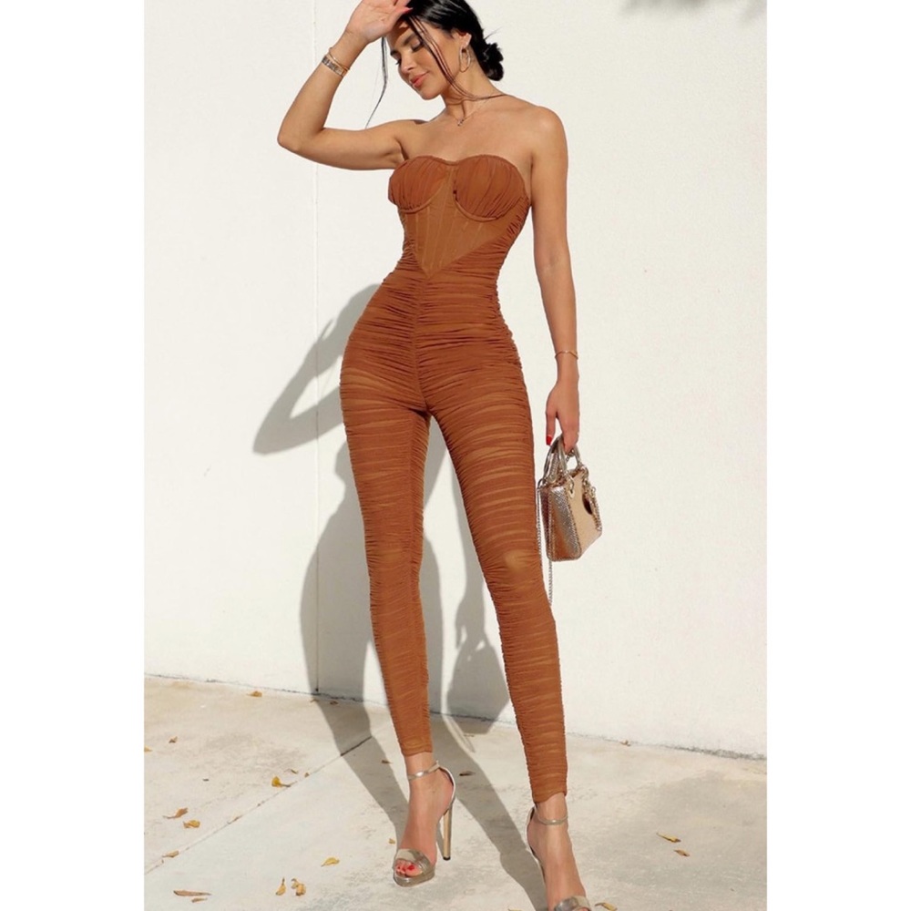 PLT Chocolate Corset Detail Mesh Ruched Bandeau Jumpsuit